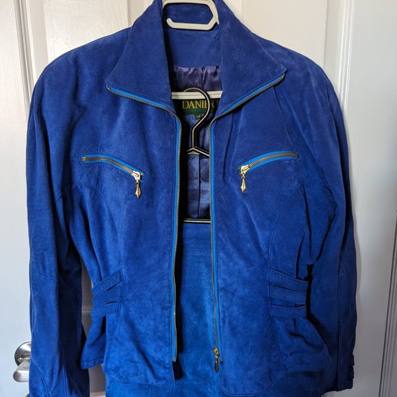 Vintage Danier Suede leather jacket Skirt 2-PC Suit Set, Cobalt Blue , Size S - Picture 2 of 15